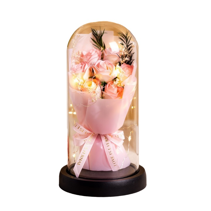 Aranjament floral trandafiri de sapun in cupola de sticla cu LED, roz