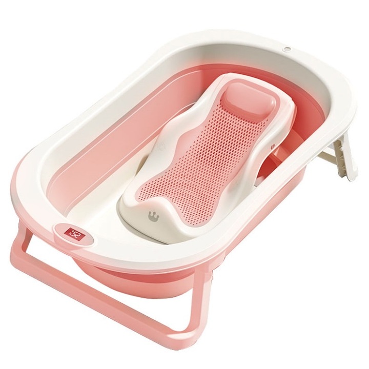 Set cadita pliabila pentru copii Little Mom Royal Pink, echipata cu termometru display digital, design modern, margini rotunjite, si suport anatomic inclus, dimensiune 76 x 21 x 49 cm