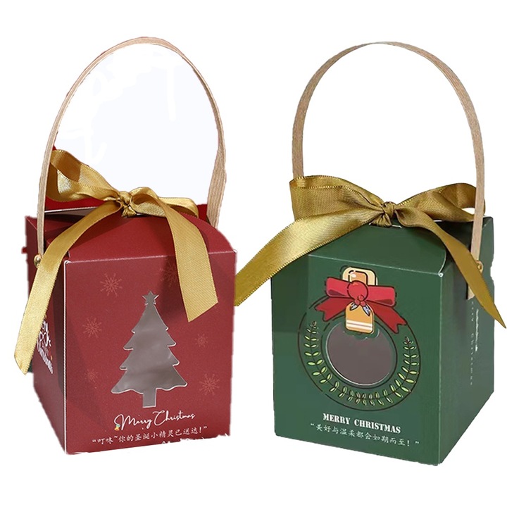 Set 2 Pungi cadou Craciun, 8.5x8.5x10cm, rosu si verde