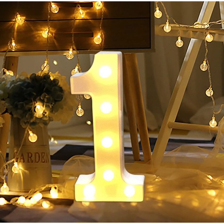 Led dekorációs világító lámpa 1-es szám, 22cm magas elemes (Melegfehér led)