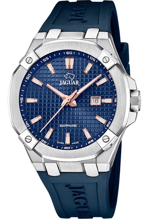 Ceas Jaguar J1010-2, Swiss Made, data, luminescenta, argintiu cu curea albastra, 100m rezistent la apa
