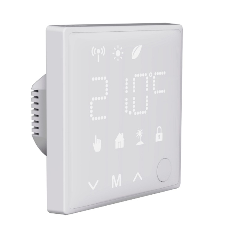WiFi okos termosztát fűtéshez, app vezérlés, fehér, 86x86x13,5mm