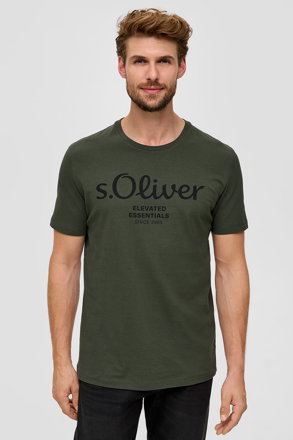 s.Oliver, Tricou de bumbac cu imprimeu logo, Negru, Verde inchis, L