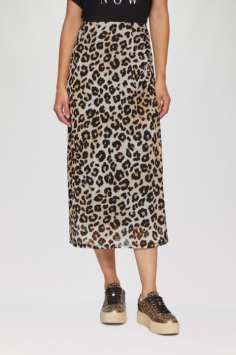s.Oliver, Fusta midi cu animal print, Alb fildes/Maro, XS