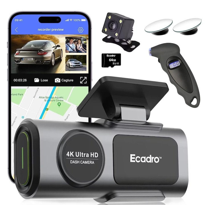 Камера за кола, Ecadro, Safe-X DVR FULL HD 4K, 2160P, нощно виждане, GPS, 170° ъгъл на заснемане, видеокамера за заден ход, LOOP запис, 64GB карта с памет, устройство за налягане в гумите, огледала за мъртвата зона, включени в пакета