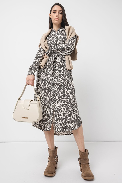 QS, Hosszú ujjú bővülő midiruha, Fehér/Antracitszürke