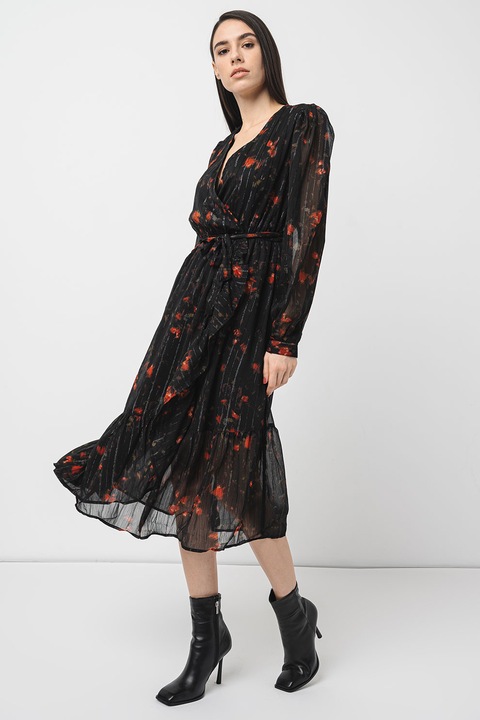 QS, Rochie midi cu decolteu in V si model floral, Rosu/Verde/Negru, 2XS