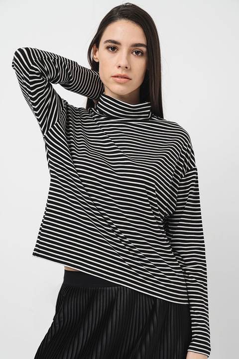 s.Oliver, Bluza cu guler inalt si model in dungi, Alb/Negru, XS