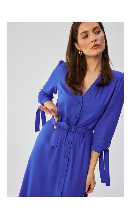 Női ruha, midi, megkötött mandzsettával, poliészter, M kék