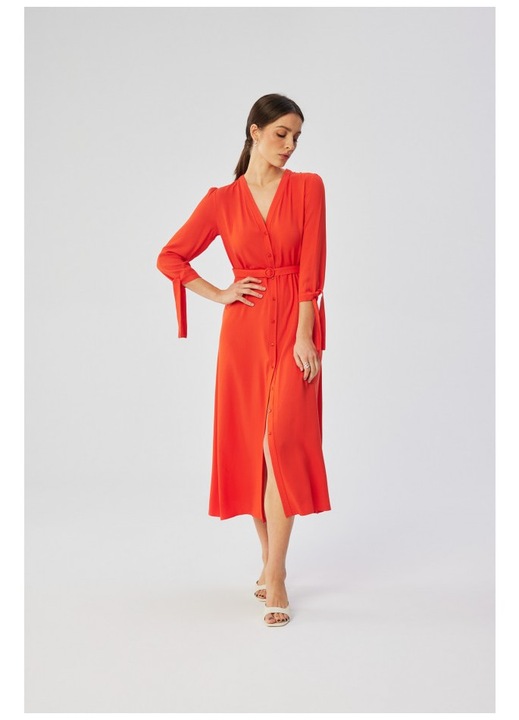 Rochie dama, midi cu mansete legate, Poliester, 54875, Coral