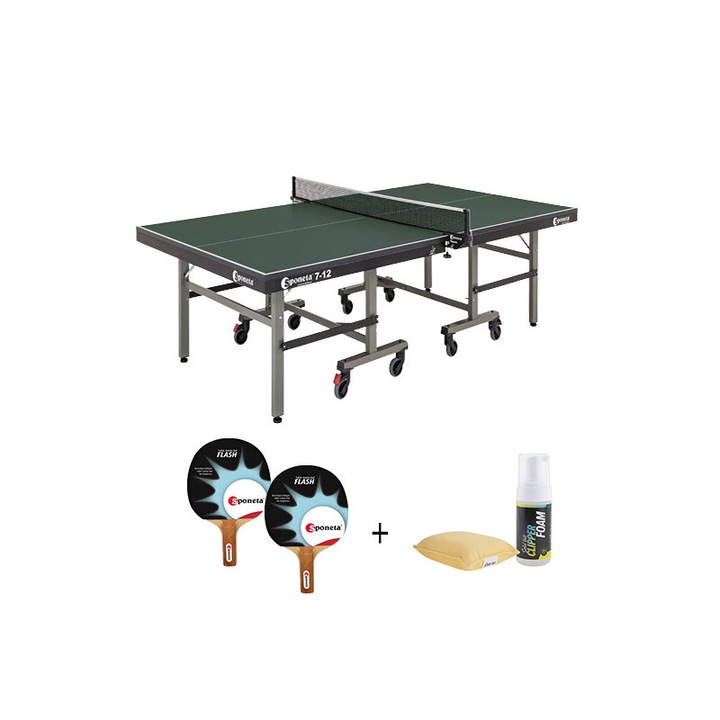 Set kit Masa tenis Sponeta S7-12i, interior, pliabila, verde cu fileu, 2 palete Sponeta Flash, solutie de curatare si burete, 25 mm, Solid Volt, suporti laterali de prindere palete si mingi