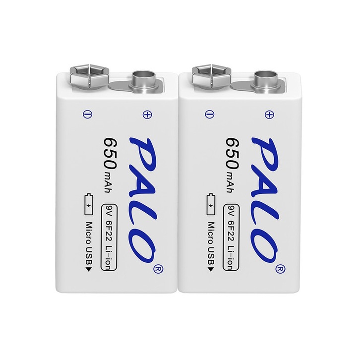 Комплект 2 акумулаторни батерии PALO 650mAh Li-Ion 9V, micro USB, 6F22