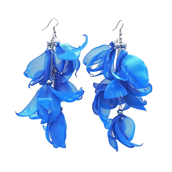 Cercei lungi voluminosi cu frunze, Corizmi, Extrovert, voal albastru, inox