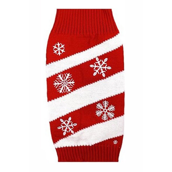 Haina rosu cu alb din tricot pentru caine, model fulgi de zapada, marime XL, Delifur