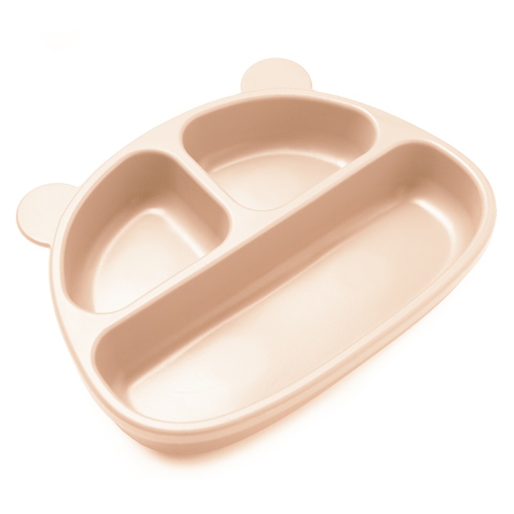 Bol Mjölk din silicon cu 3 compartimente pentru copii in forma de ursulet BLW, culoare bej