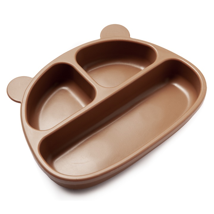 Bol Mjölk din silicon cu 3 compartimente pentru copii in forma de ursulet BLW, culoare caramel