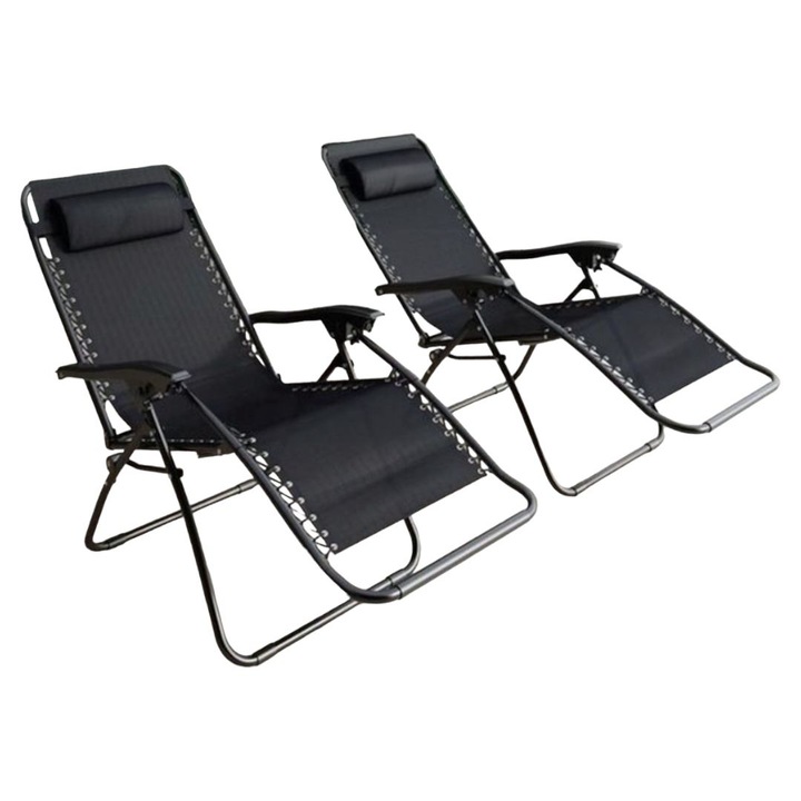 Set 2 scaune tip sezlong, Pliabile si Reglabile, pentru gradina, terasa, piscina, plaja, negru