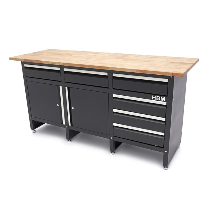 Banc de lucru cu blat din lemn masiv de 171 cm, 6 sertare si 2 usi - HBM 10915