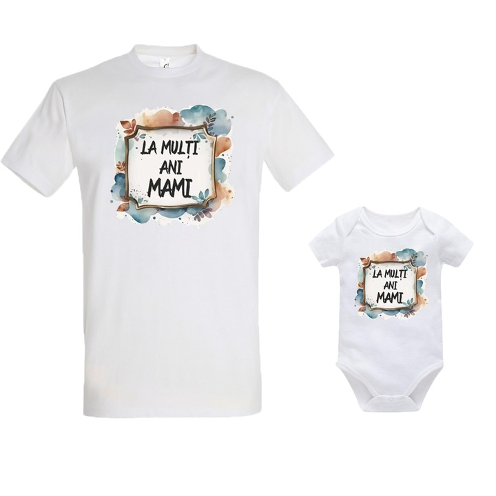 Set alb body cu tricou M ''La multi ani mami'' watercolour