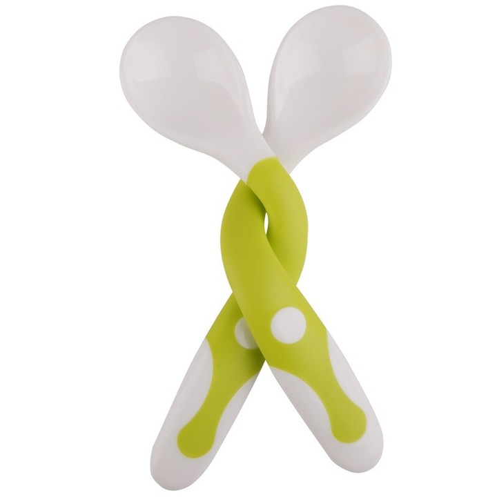 Set 2 tacamuri pentru bebelusi, maner din silicon, 14 cm, flexibile, +6 luni, Alb/Verde, Avaleea