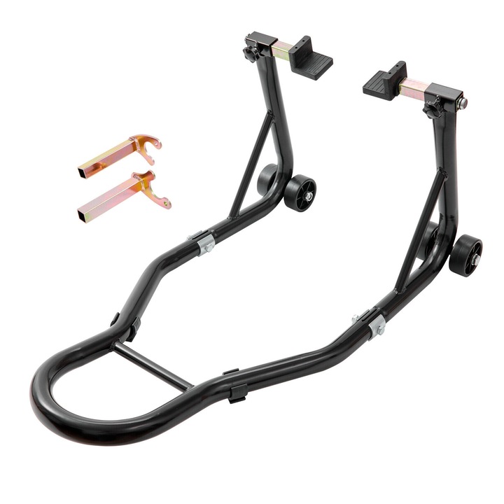 Stander de motocicleta spate universal, reglabil, include 2 tipuri de adaptoare de prindere, pin L si Y, PES, Negru