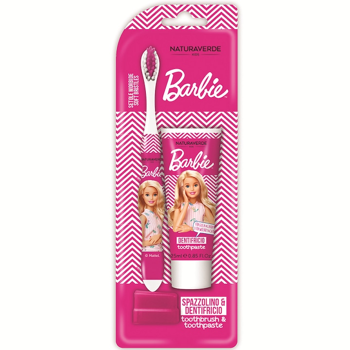 Gyermek fogkrém készlet x 25 ml és fogkefe, Naturaverde, Barbie, puha sörték, rózsaszín