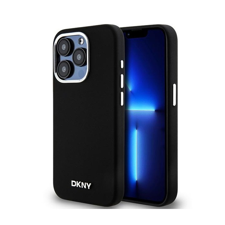 DKNY DKHMP14LSMCHLK iPhone 14 Pro 6,1" készülékhez Liquid Silicone keménytok MagSafe kis fém logóval fekete