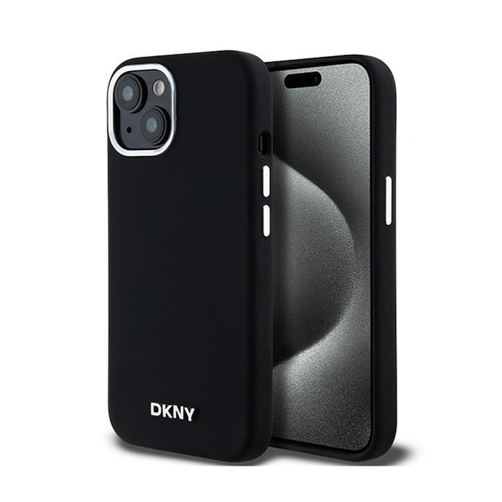 DKNY Liquid Silicone iPhone 15 Plus / 14 Plus tok, MagSafe, fekete