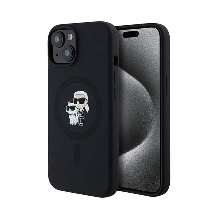 Husa telefon, Karl Lagerfeld, Karl & Choupette MagSafe, Compatibil cu Apple iPhone 15 Plus/iPhone 14 Plus, Silicon, Negru