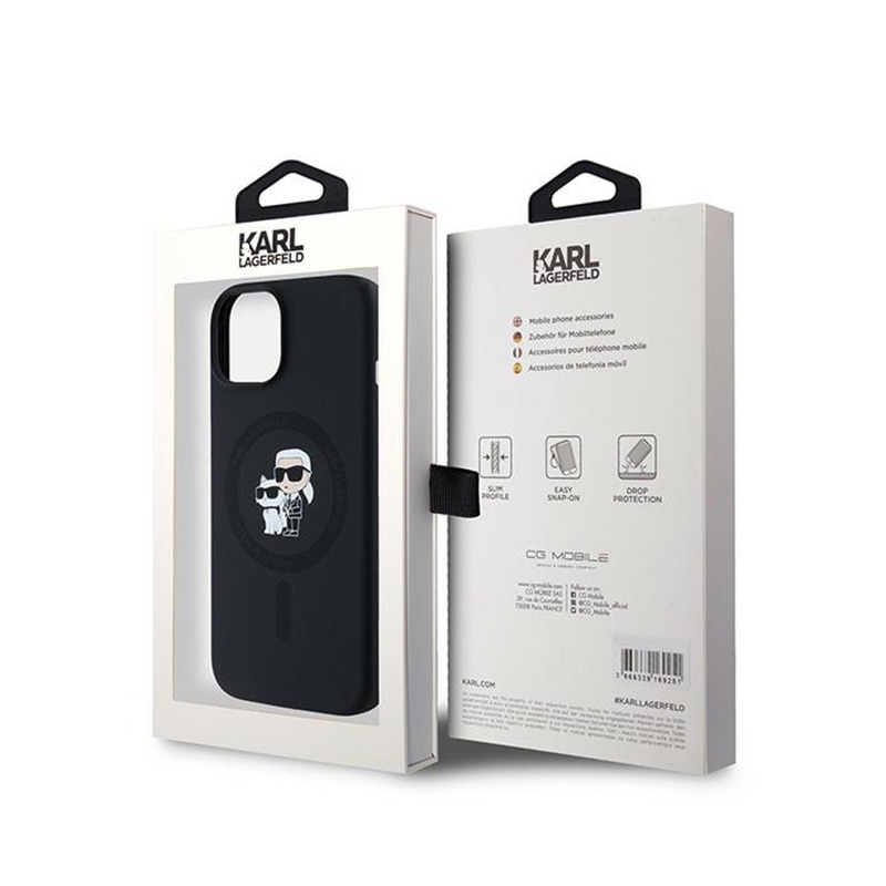 Husa telefon, Karl Lagerfeld, Karl & Choupette MagSafe, Compatibil cu Apple iPhone 15 Plus/iPhone 14 Plus, Silicon, Negru