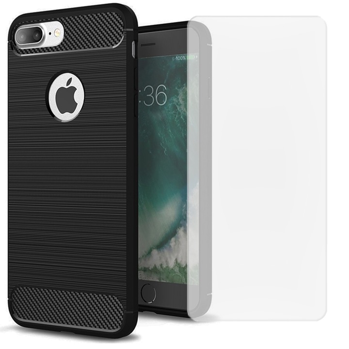 Apple iPhone 8 Plus készülékkel kompatibilis karbon borító készlet, Anti-Shock, Cooling Effect, 360 Protection, Fekete