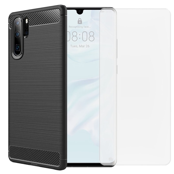 Set husa carbon cu folie compatibil cu Huawei P30 Pro, Antisoc, Efect Cooling, Protectie 360, Negru