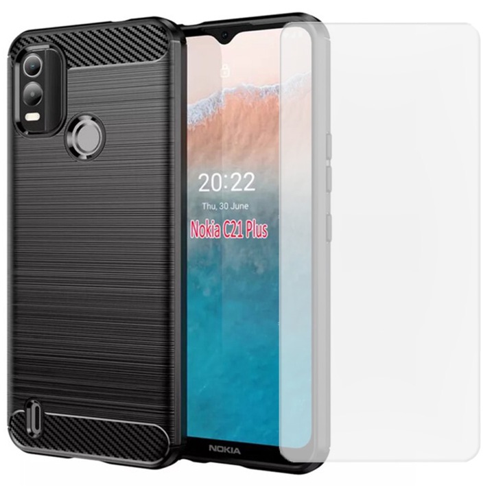 Карбонов калъф с фолио, съвместим с Nokia C21 Plus, удароустойчив, охлаждащ ефект, 360 защита, черен