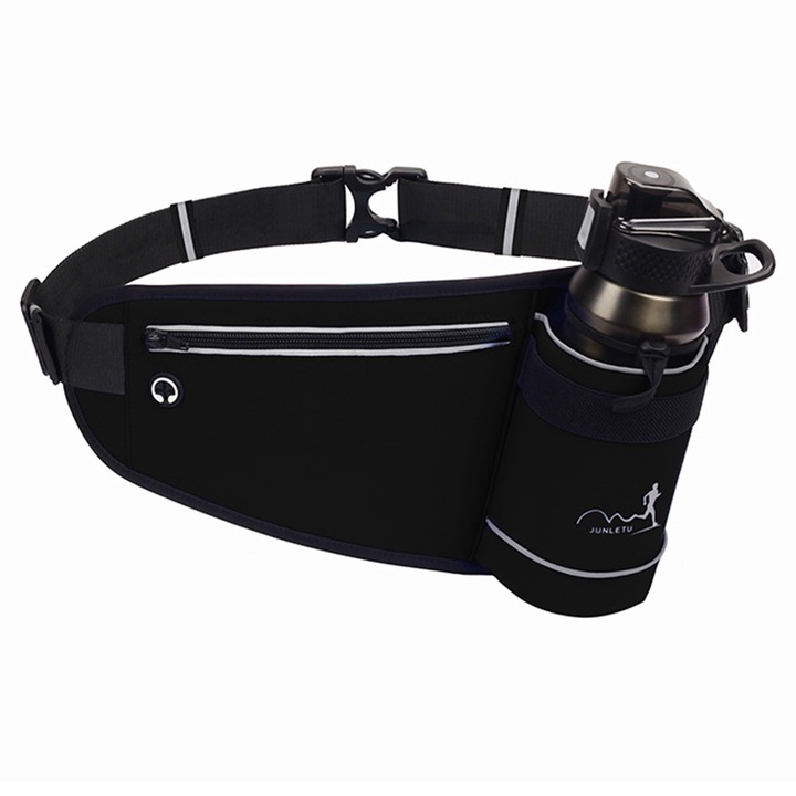 QttvbTna futótáska, kulacstartó, többfunkciós zsebek, állítható pánt, fényvisszaverő kivitel, fekete