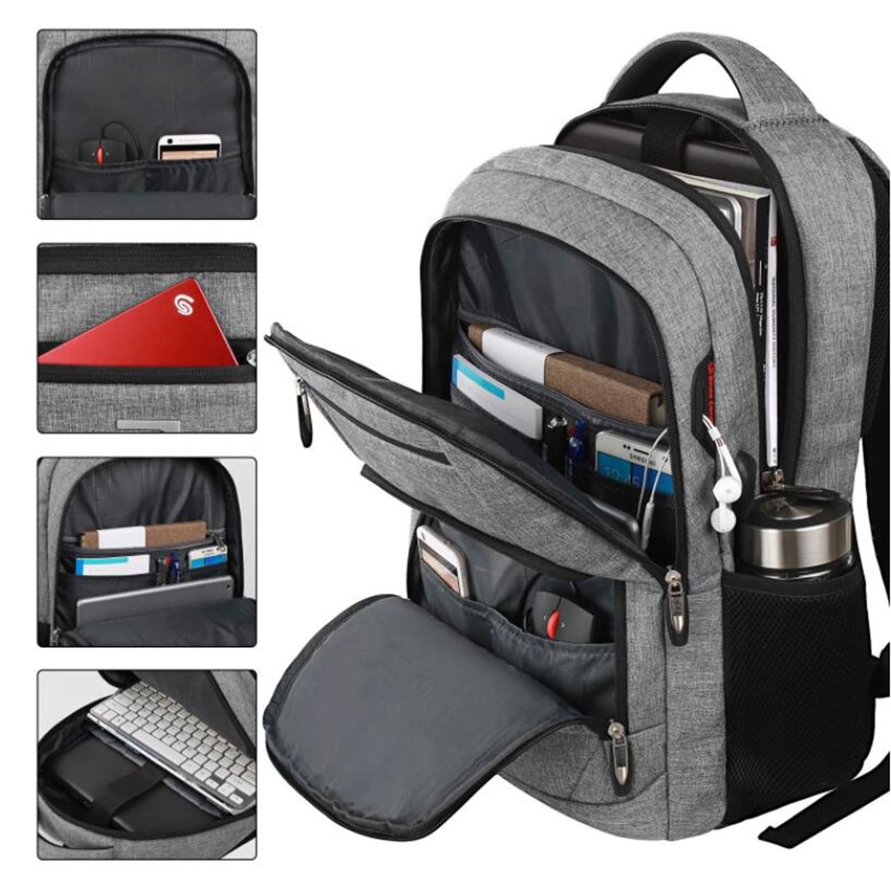 Rucsac laptop 15.6" cu port USB, capacitate mare, poliester, gri deschis, 33x20x46cm