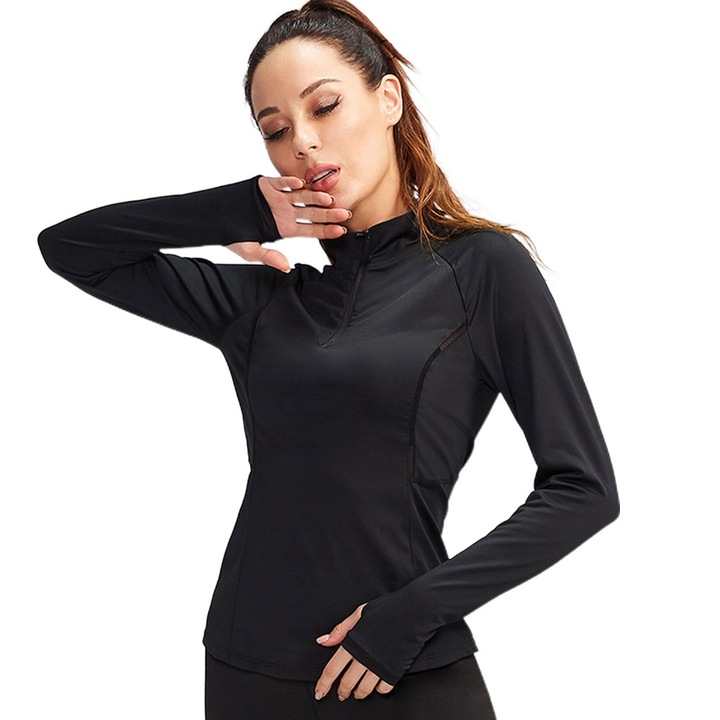 Costum sportiv QttvbTna, poliester si spandex, uscare rapida, semi-zip, negru