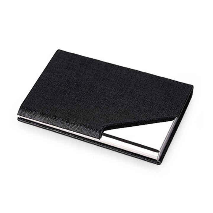 Suport card multifunctional, piele PU si otel inoxidabil, negru