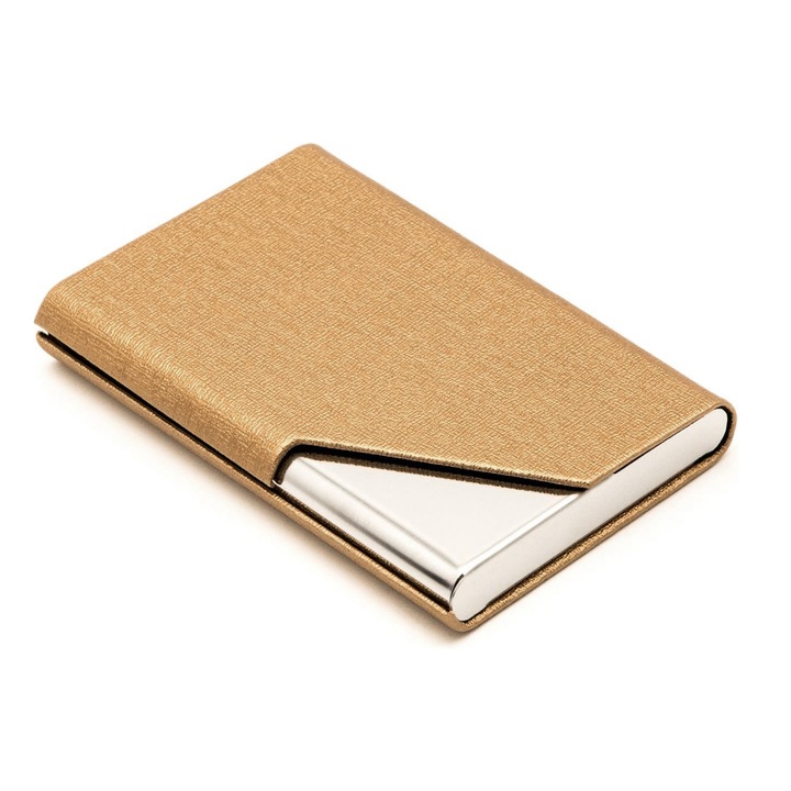 Suport card multifunctional, piele PU si otel inoxidabil, auriu