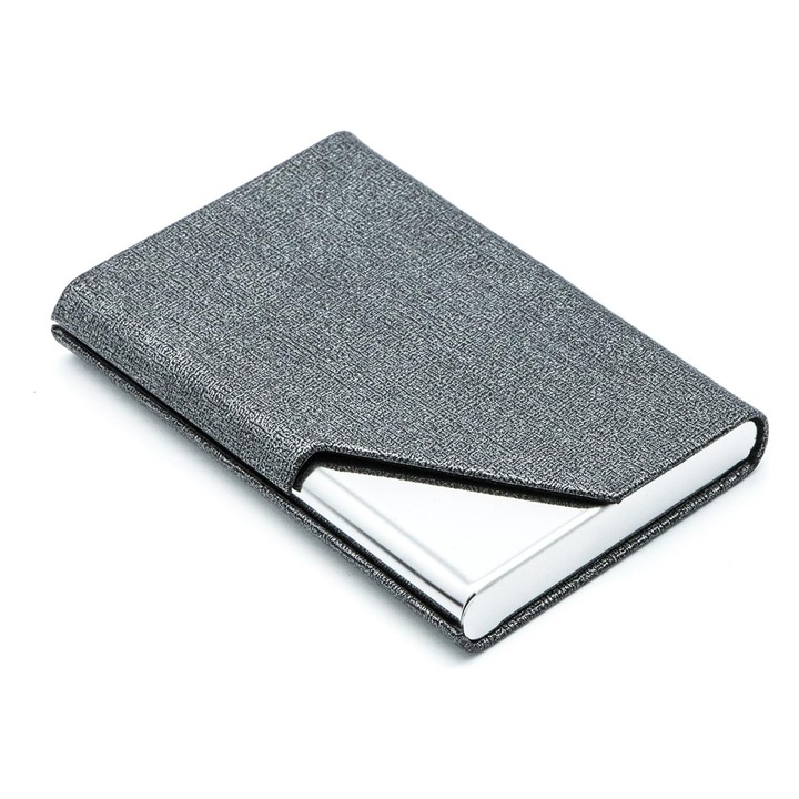 Suport card multifunctional, piele PU si otel inoxidabil, gri argintiu