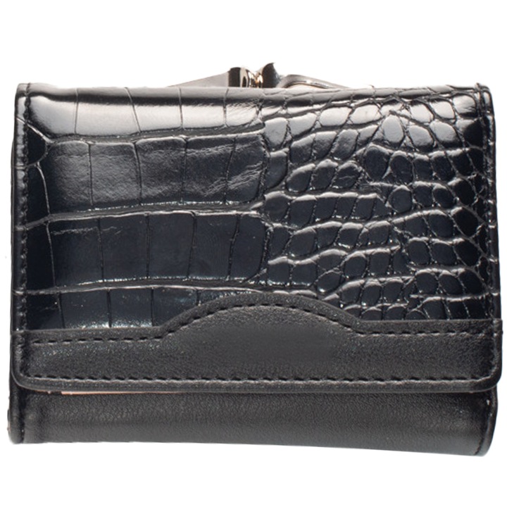 Дамски портфейл, кожен 12x10x3, Черен, 12 x 10 x 3.5 cm