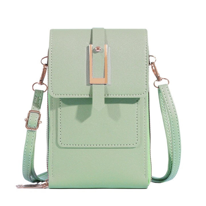 Női crossbody táska, mobiltelefon rekesz, ökológiai bőr, zöld, 18x5x11cm