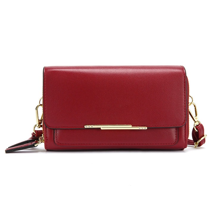 Női válltáska, PU bőr kézitáska, 4 kártyatartóval, piros, 19x4x11cm