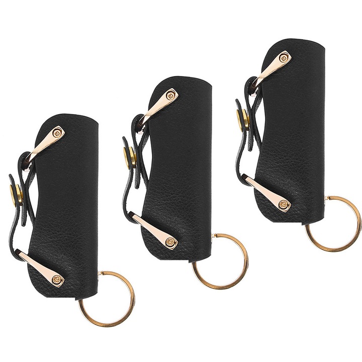 3 kulcsos készlet, QttvbTna, Természetes bőr, 12 x 5 x 2 cm, fekete