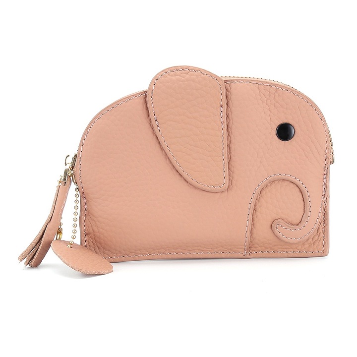 Portofel mini elefant, QttvbTna, piele naturala, lant aur, 1x buzunar cu fermoar, bej
