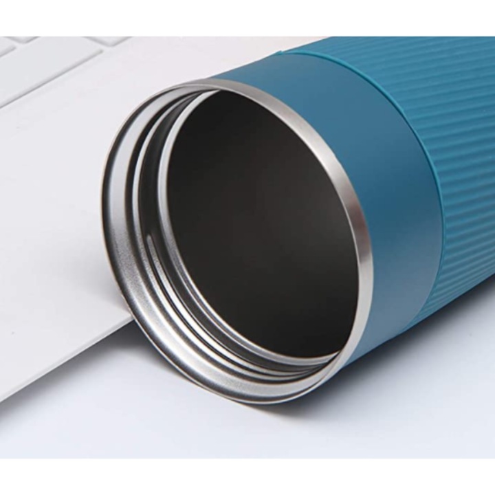 Cana termoizolanta, inox, cu capac etans, dublu perete, albastru