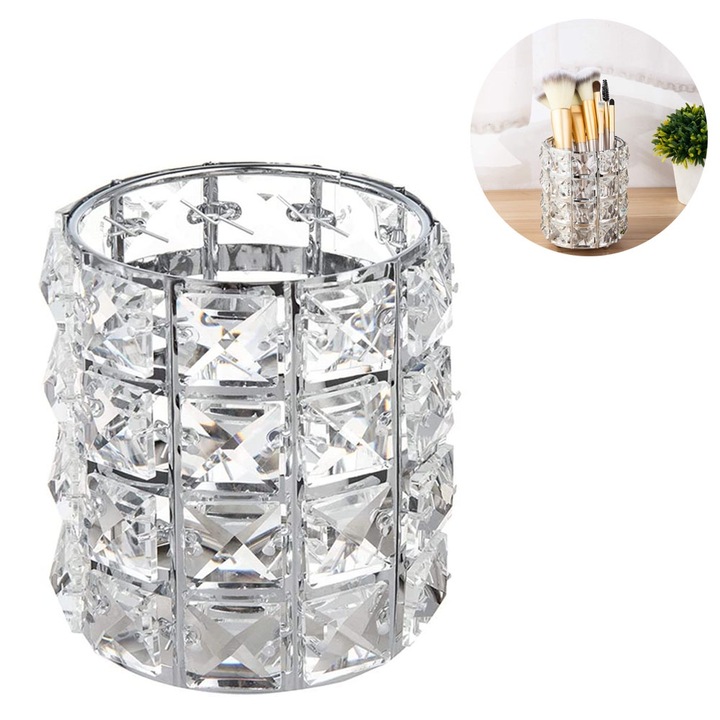 Suport depozitare QttvbTna, organizator pensule machiaj, cristal/metal/PVC, argintiu, 12x8.5cm