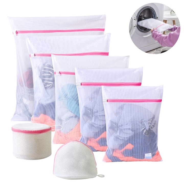 Комплект от 7 мрежести торби за пране, AMRINUGL, полиестер, бяло/розово, различни размери