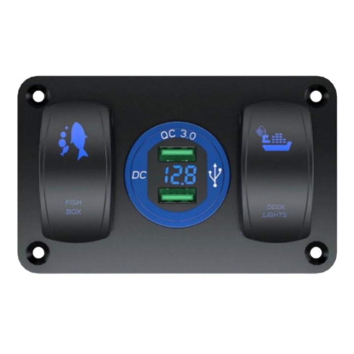 Panou Kewig SP5, 2 intrerupatoare impermeabile, voltmetru, 2 porturi USB, ABS, 11x7x6cm