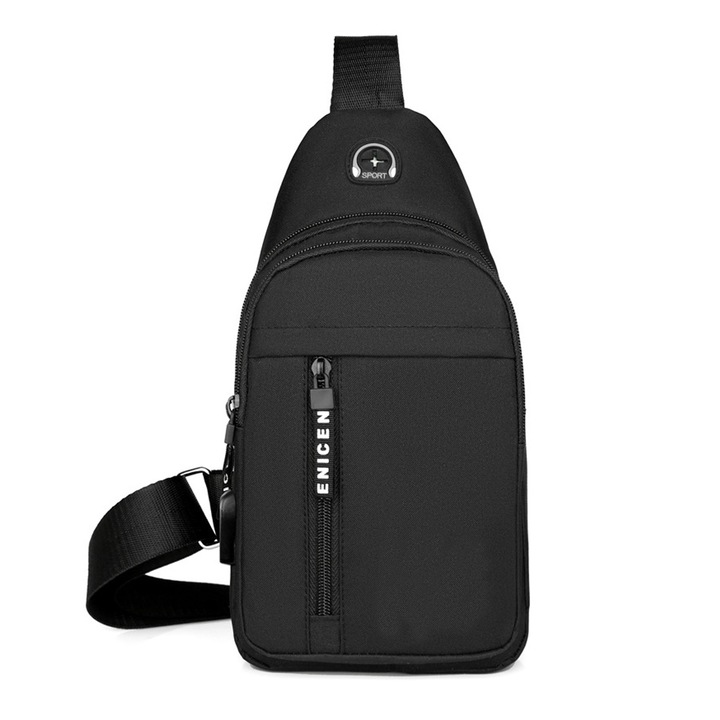 QttvbTna hátizsák, rekeszes, fejhallgató csatlakozóval, fekete, állítható