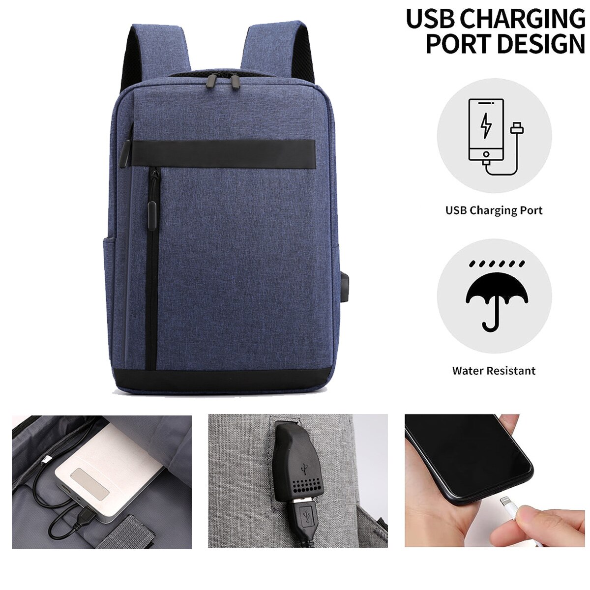 Ghiozdan pentru laptop AMRINUGL, 15.6 inch, 40x30x11cm, cu port USB, albastru inchis, capacitate mare